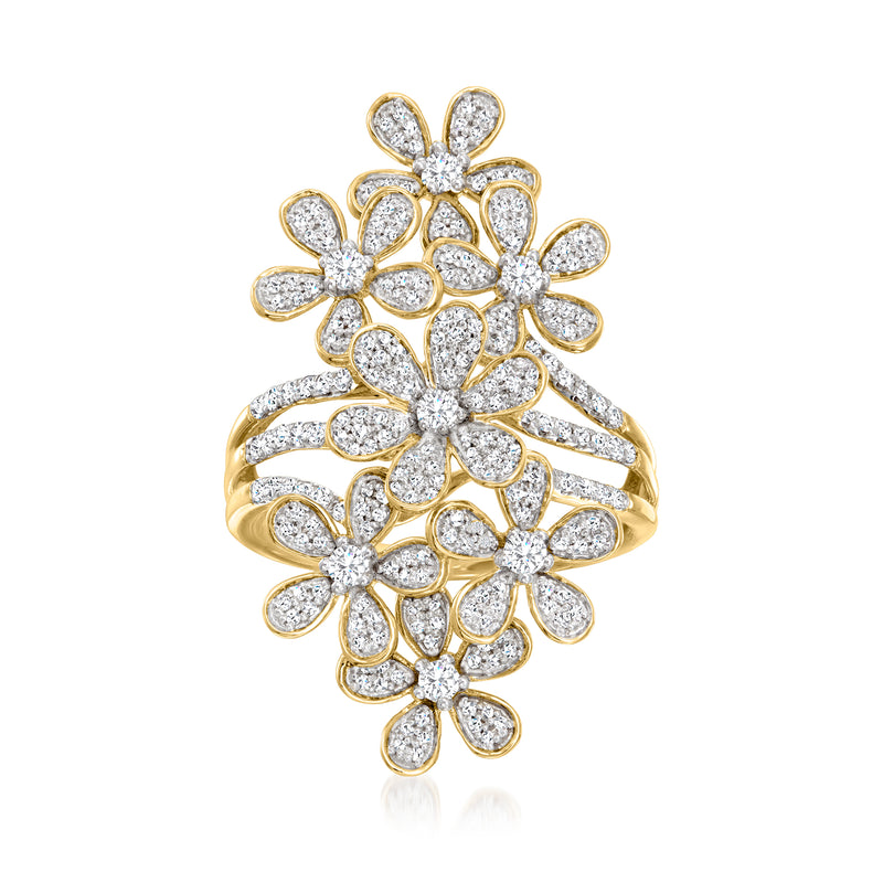 14kt yellow gold diamond flower cluster ring with round and marquise stones