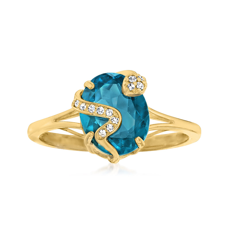 14kt yellow gold snake ring with oval London blue topaz and diamond accents