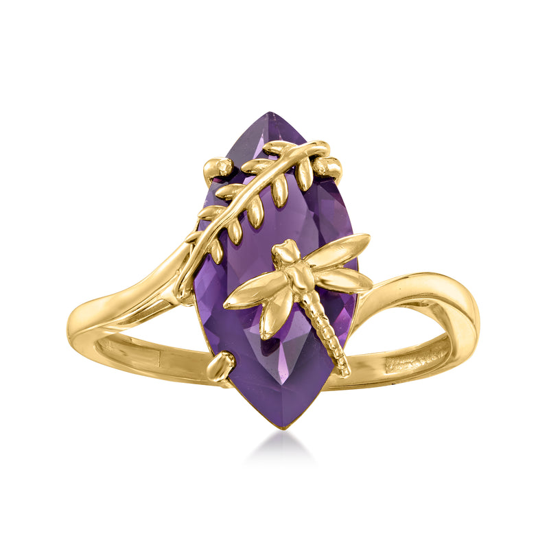 14kt yellow gold ring with marquise purple amethyst and nature-inspired leaf accents
