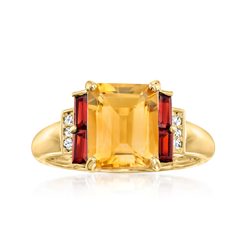 14kt yellow gold ring with large citrine center, garnet sides, diamond accents