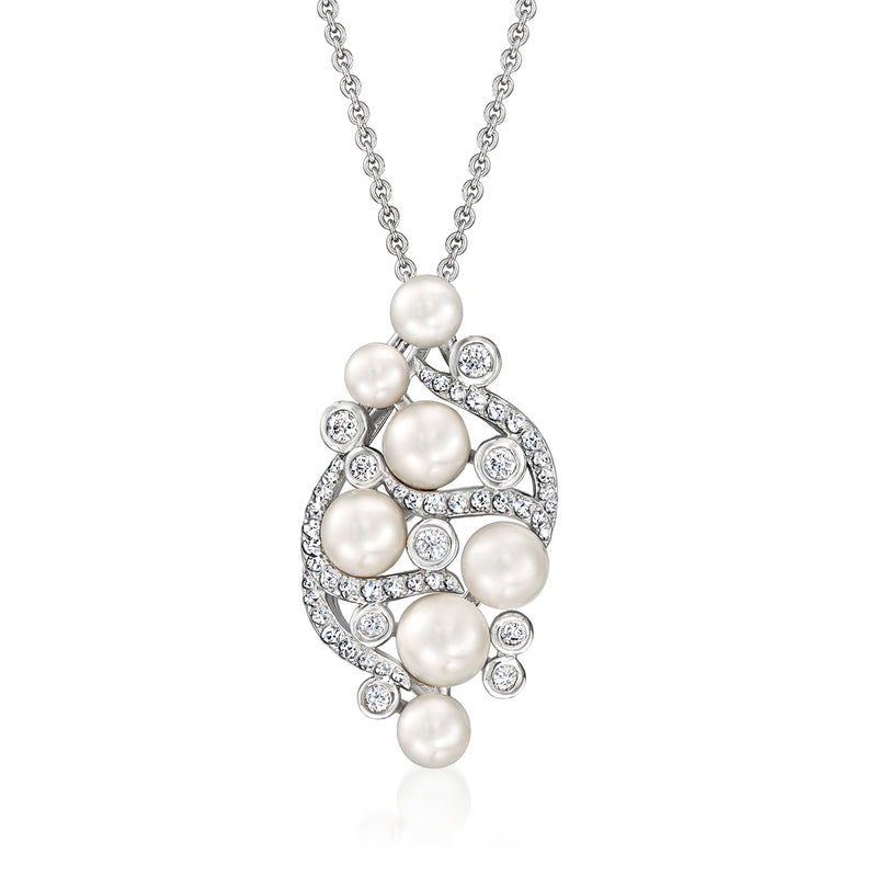 Sterling silver swirl cluster pendant necklace with cultured pearls and round CZ accents