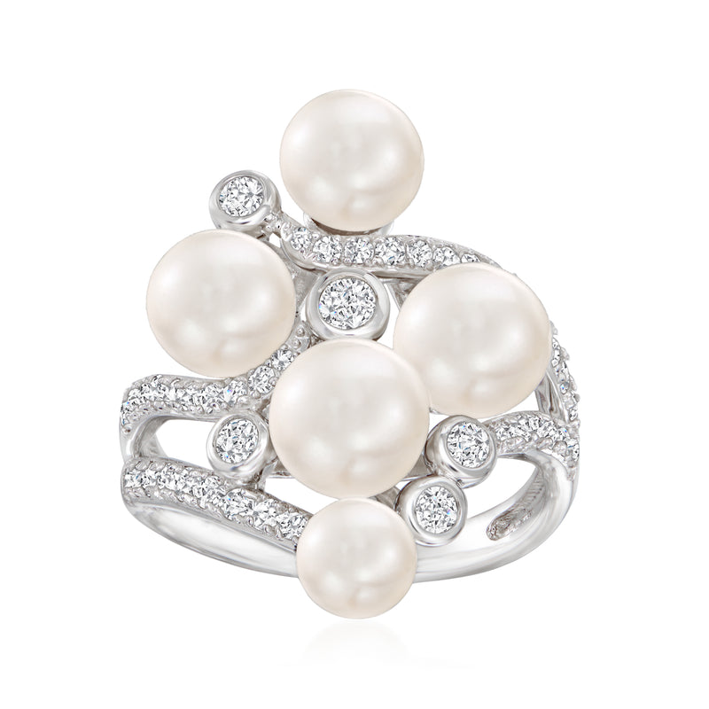 Sterling silver swirl cluster ring with round cultured pearls and CZ accents