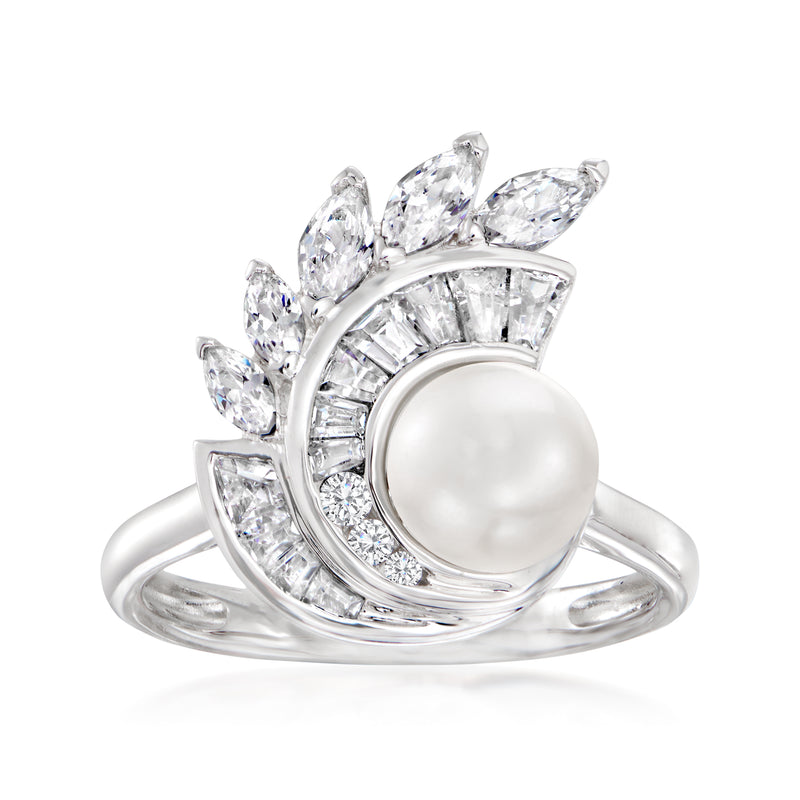 Sterling silver spiral ring with round cultured pearl and clear CZ marquise stones