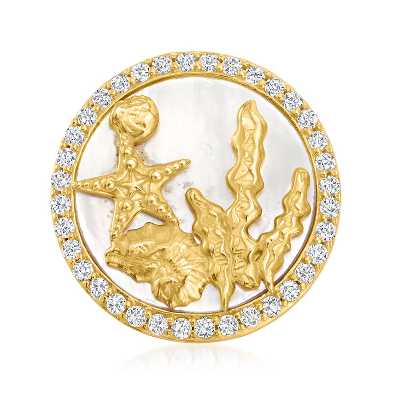 Gold-tone sea life ring with oval mother-of-pearl, raised coral motif, CZ diamond halo.