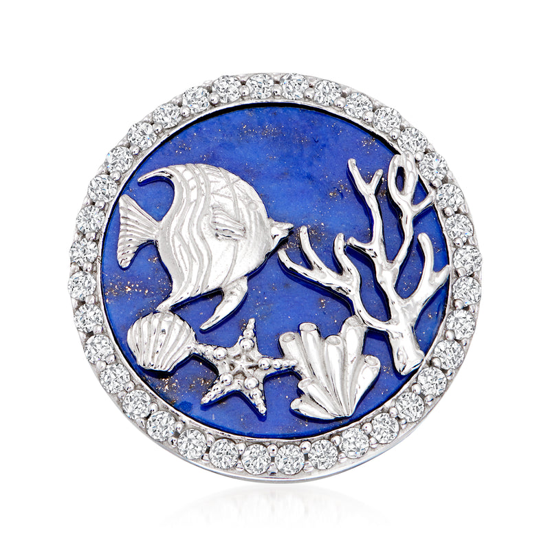Sterling silver sea life ring with blue oval enamel and CZ crystal border, fish and coral design