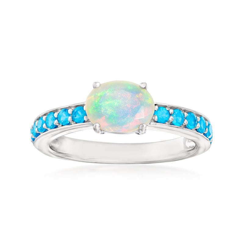 Sterling silver opal and blue gemstone band ring with oval center stone