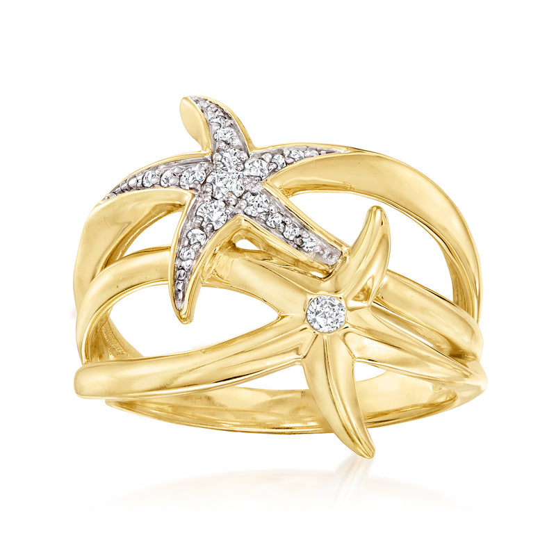 Gold starfish ring with pave stones, crisscross band style, diamond-like accents