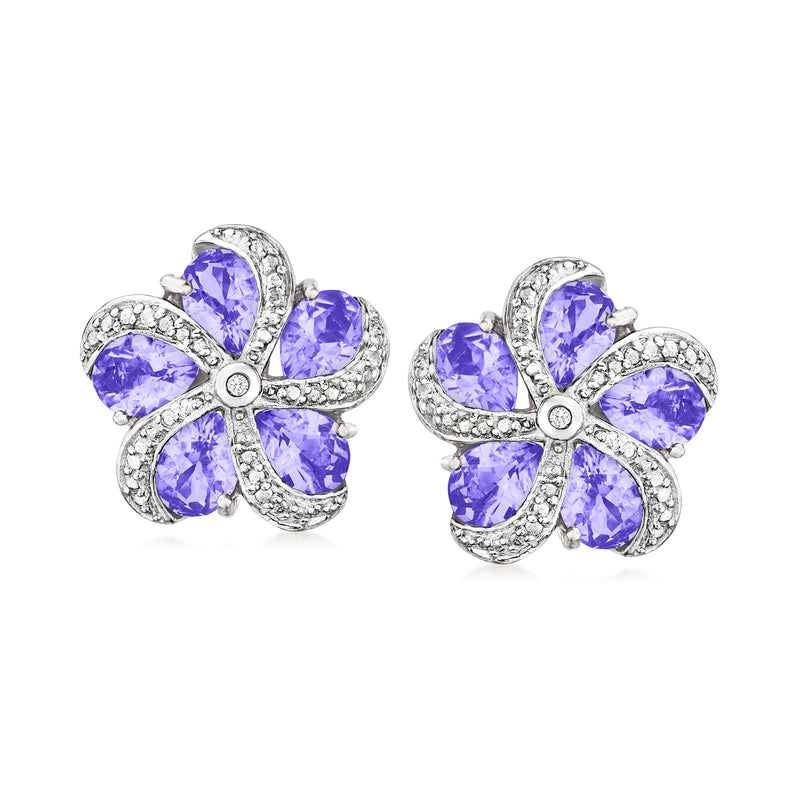Sterling silver flower stud earrings with purple gemstone petals and white zircon accents