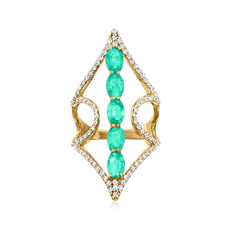 18kt gold over sterling open-space ring with emerald-green oval stones and clear zircon