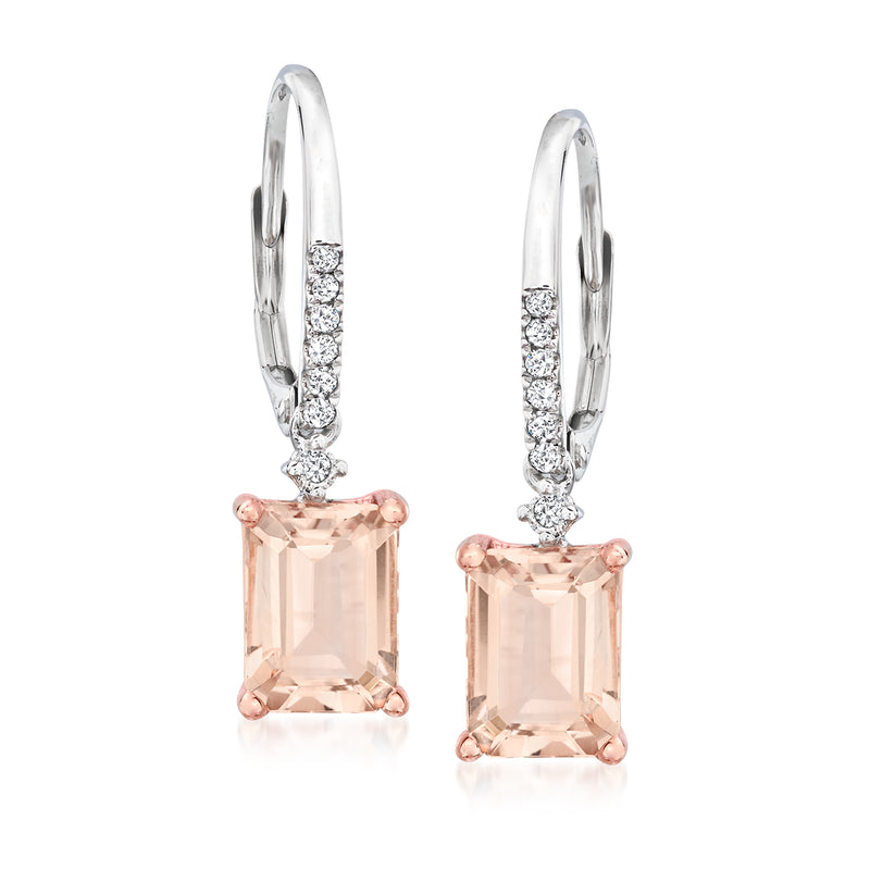 Two-tone gold leverback drop earrings with rectangular morganite and diamond accents