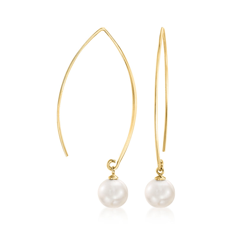 Gold over sterling pearl drop earwire earrings, oval hoops with white shell pearl