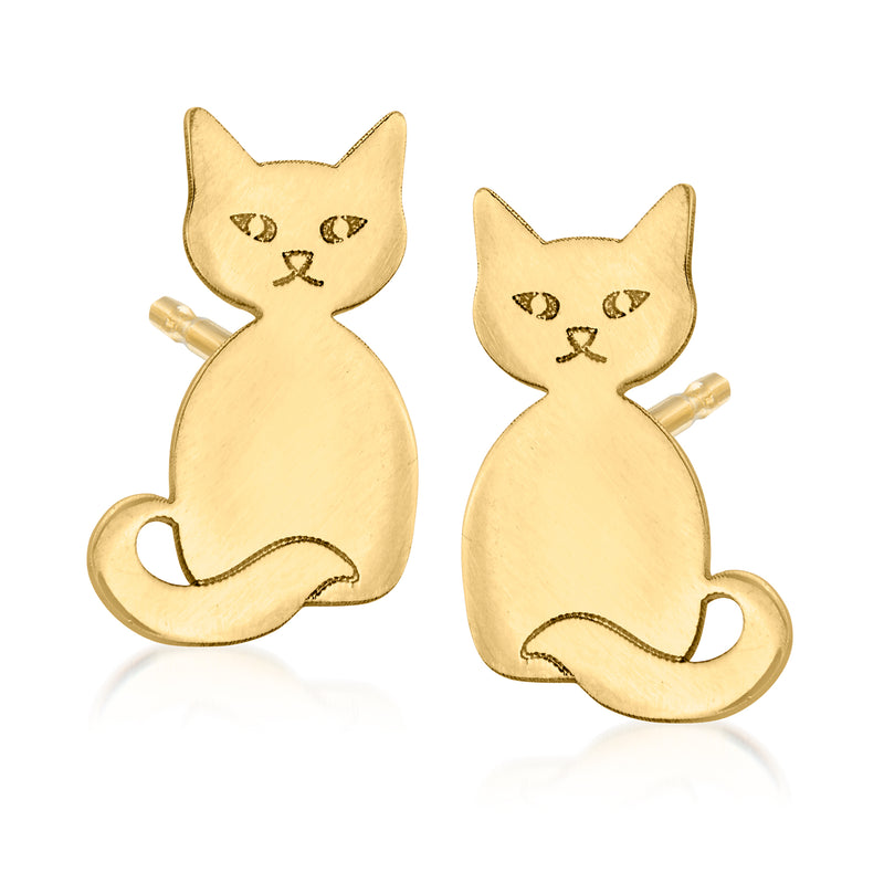 Polished yellow gold cat stud earrings with raised facial details and back posts