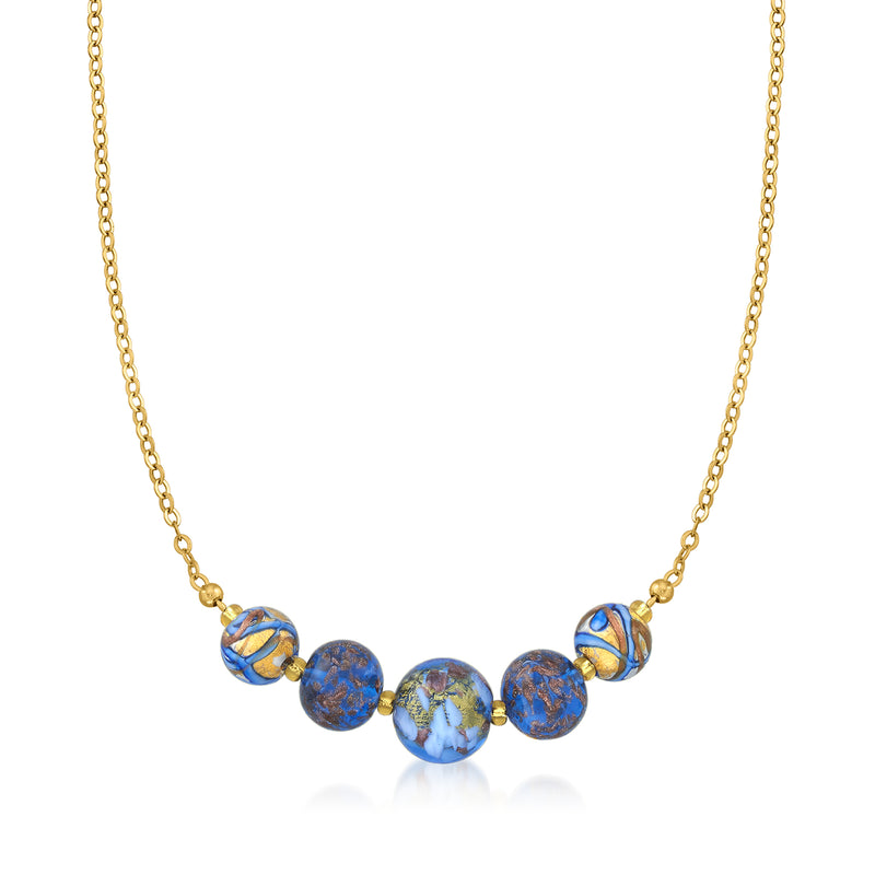 Gold-tone bead necklace with multicolored Murano glass beads in blue and gold tones