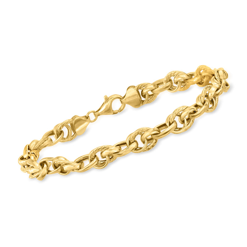 14kt yellow gold oval-link bracelet with textured, polished links