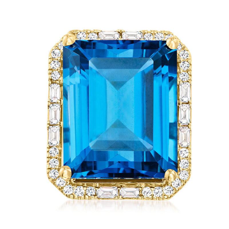 14kt yellow gold ring with large London blue topaz, diamond halo, square cut