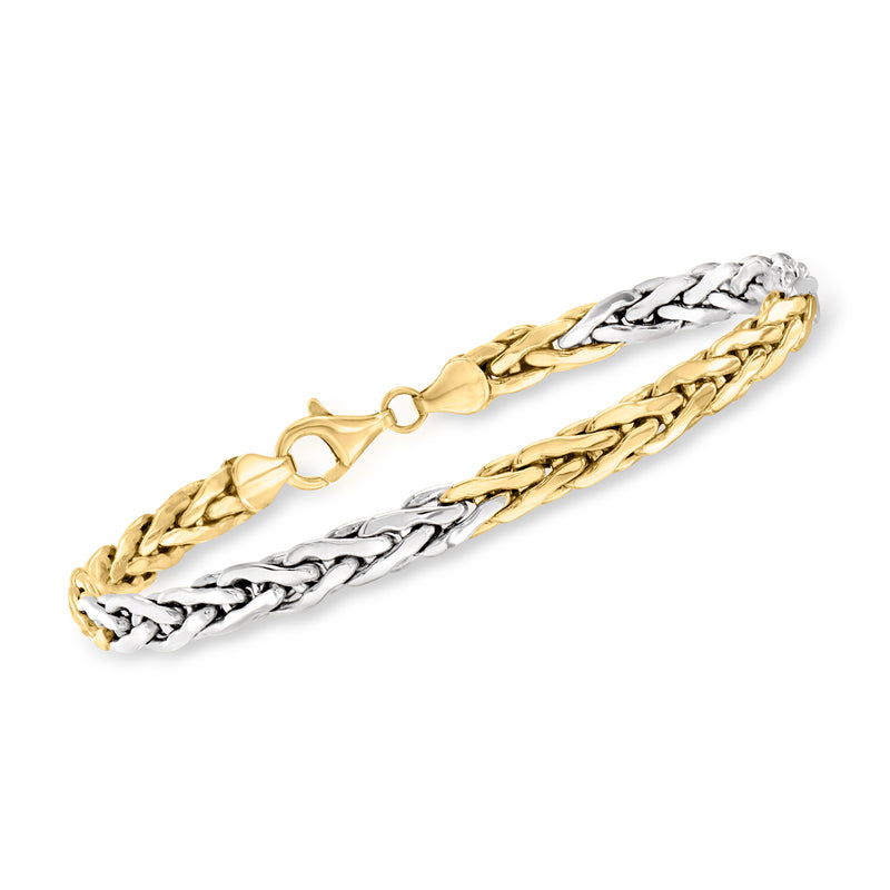 Two-tone 14kt gold wheat chain bracelet with alternating gold and silver-toned links