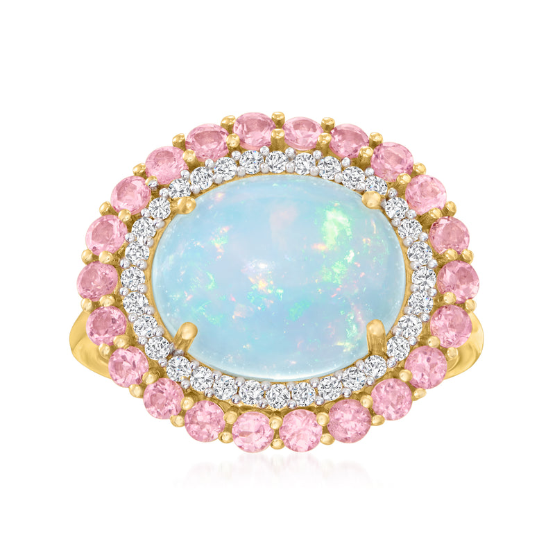 14kt yellow gold ring with oval Ethiopian opal center, pink tourmaline and diamond halo