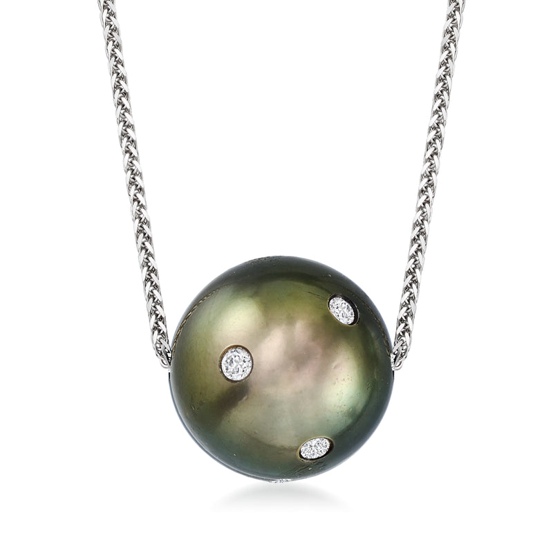 Black Tahitian pearl pendant with three diamond accents, on white gold chain
