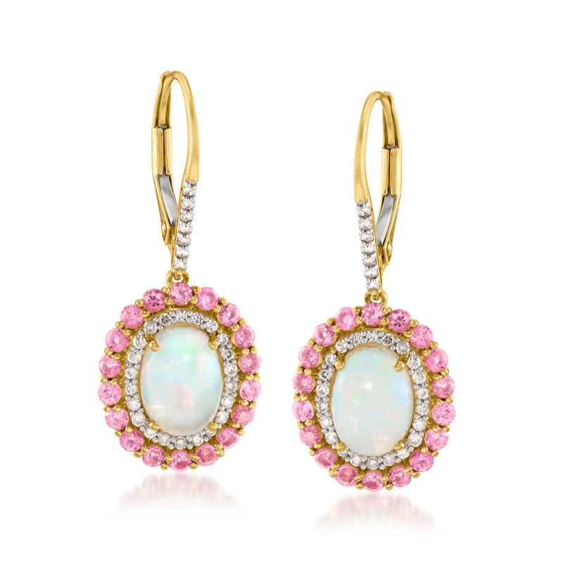 14kt yellow gold drop earrings with oval opal, pink gemstone halo, diamond accents