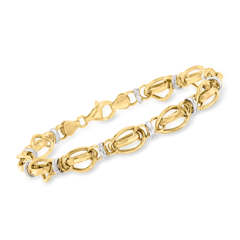 14kt two-tone gold mixed-link bracelet with oval and bar links, polished finish