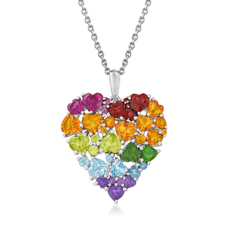 Sterling silver heart pendant necklace with multicolor gemstone cluster