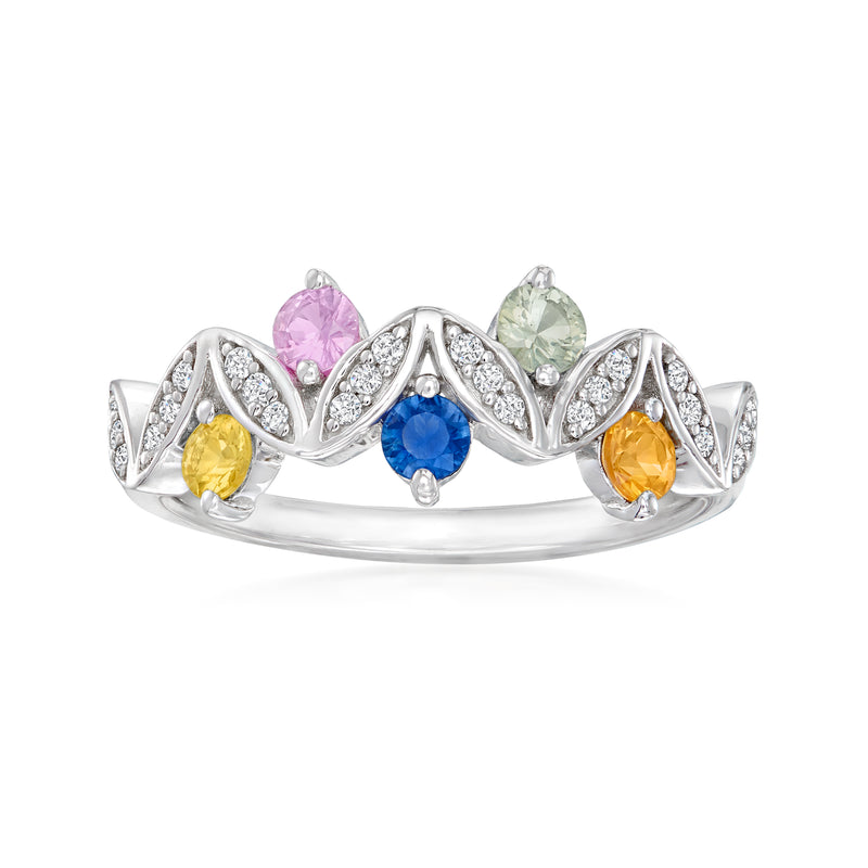 Sterling silver ring with multicolored sapphire gemstones and diamond accents