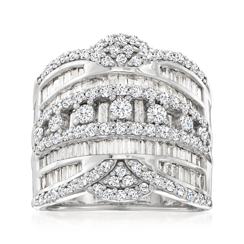 Sterling silver diamond ring with round and baguette stones, multi-row prong setting