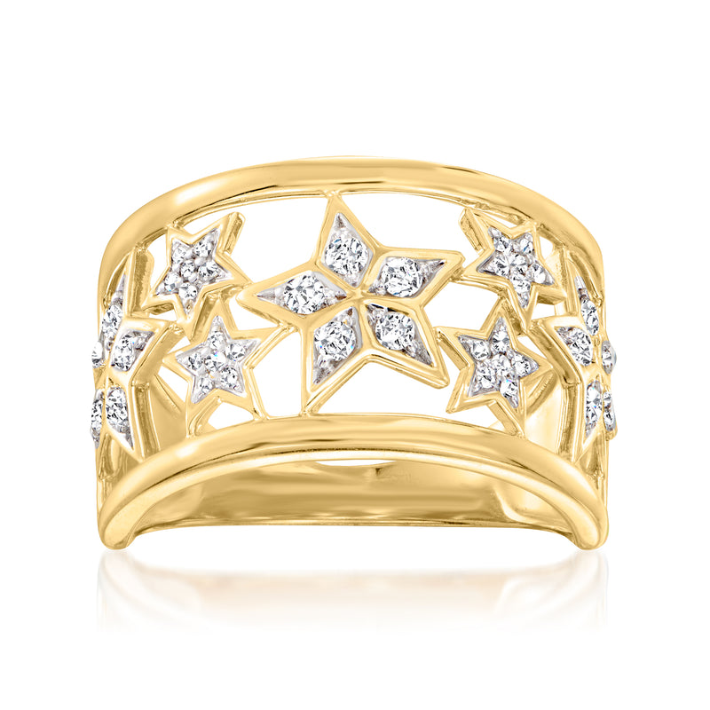 18kt gold over sterling star diamond cluster ring with clear stones in a wide band