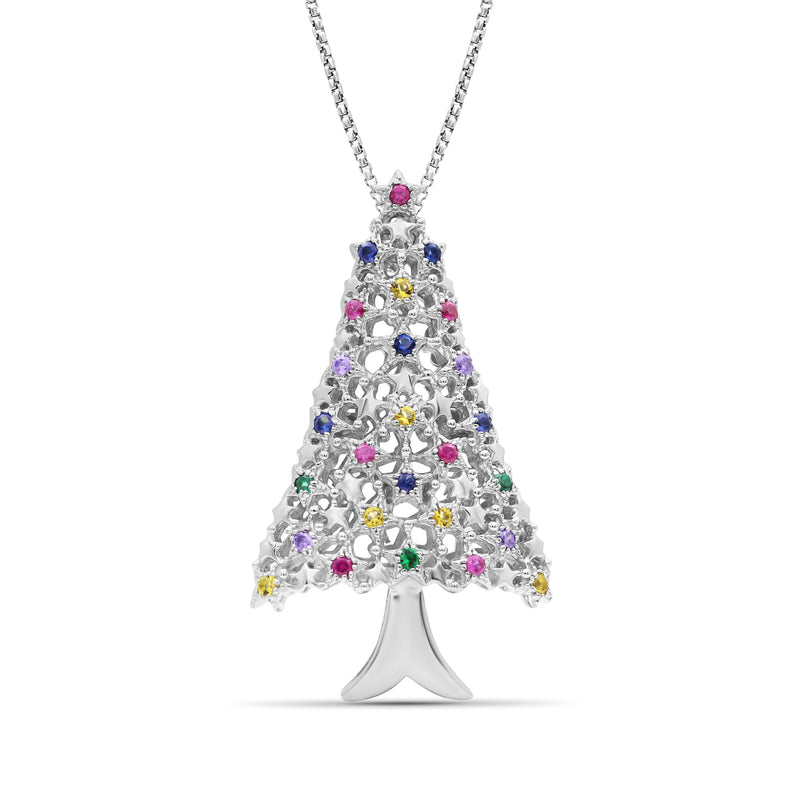 Sterling silver Christmas tree pendant necklace with multicolor gemstone accents