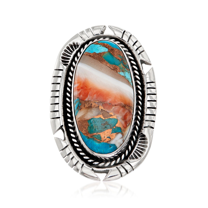 Sterling silver oval turquoise mosaic ring with dark frame and engraved outer border