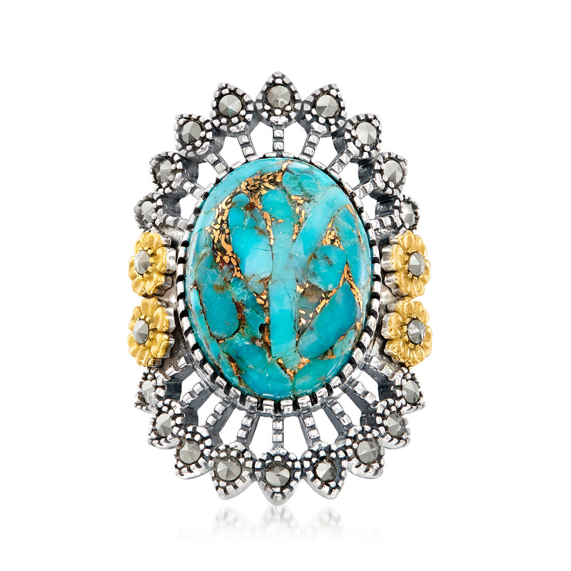 Oval turquoise cabochon statement ring with two-tone sterling silver and marcasite-style detailing