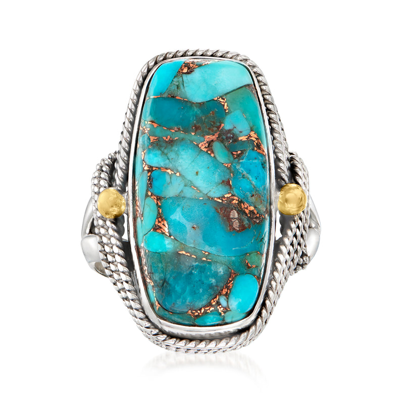 Sterling silver ring with oval turquoise stone, rope-edge bezel, and gold accent posts