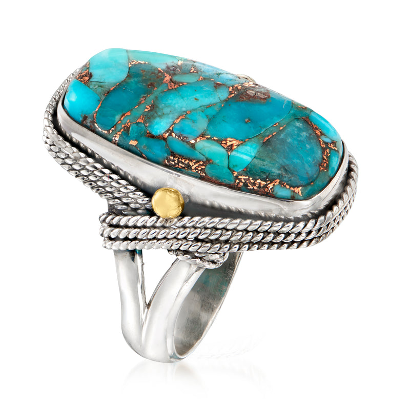 Sterling silver turquoise oval ring with rope-edge band and small gold dot accents