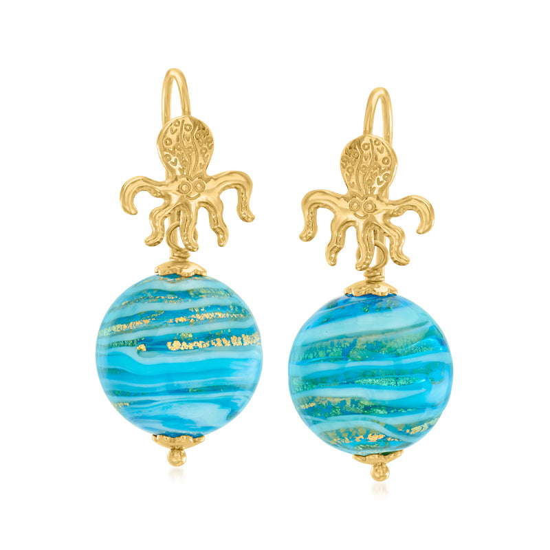 Octopus gold drop earrings with multicolored blue Murano glass beads
