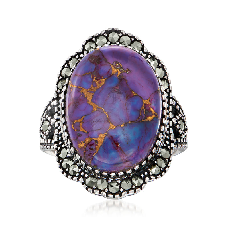 Sterling silver oval purple copper turquoise ring with black marcasite halo