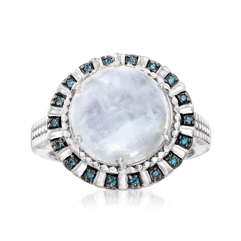 Sterling silver halo ring with large oval moonstone and blue diamond accents