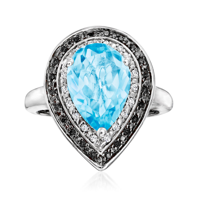 Sterling silver ring with pear sky blue topaz and diamond halo