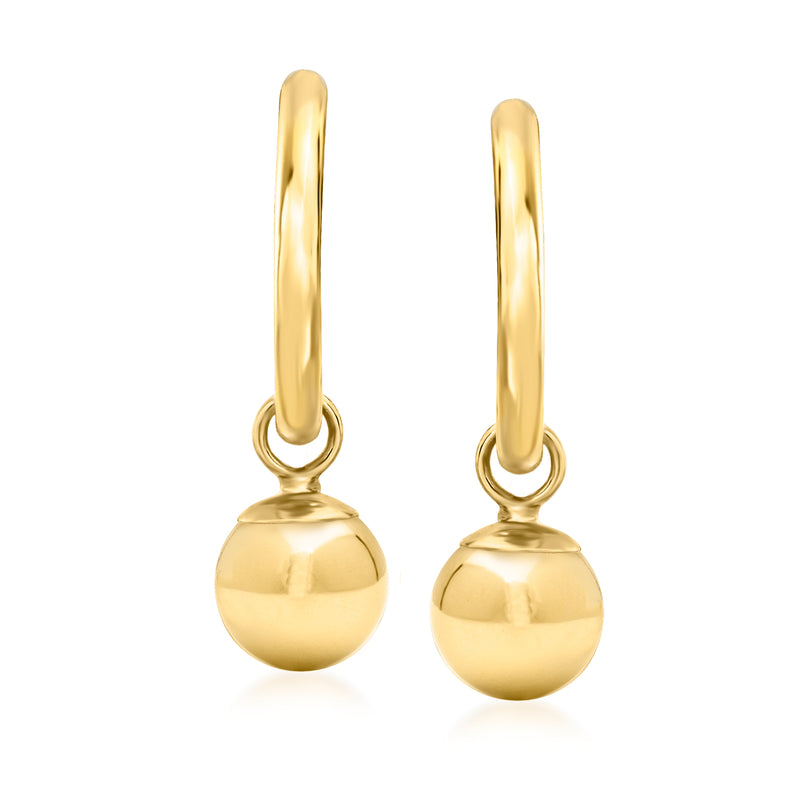 14kt yellow gold hoop drop earrings with round bead dangle