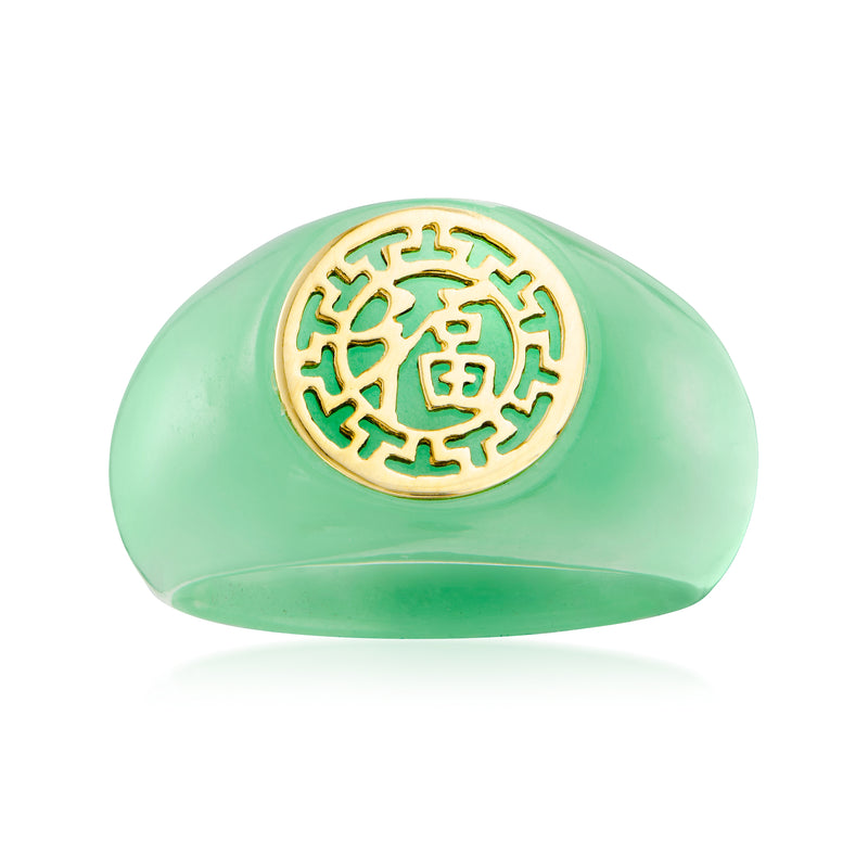 Green jade cabochon ring with 14kt yellow gold round luck design