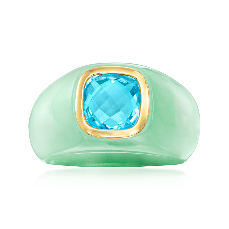 Green jade ring with rectangular Swiss blue topaz in 14kt yellow gold bezel