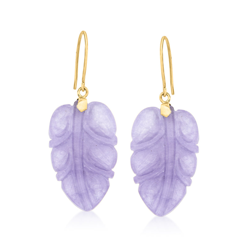 Lavender jade leaf drop earrings with 14kt yellow gold earwires