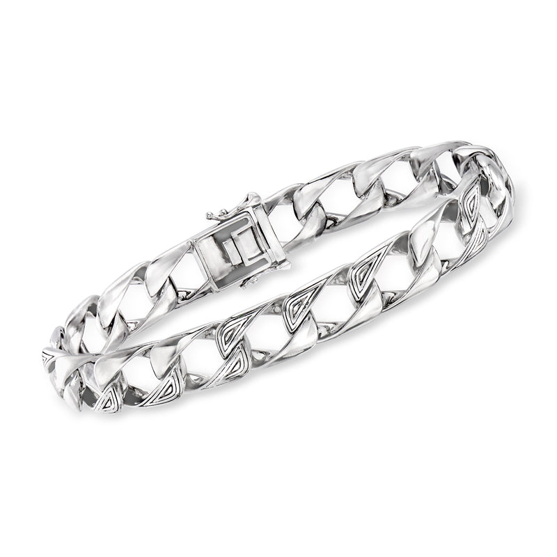 Sterling silver Cuban-link bracelet with box clasp, fleur-de-lis detail