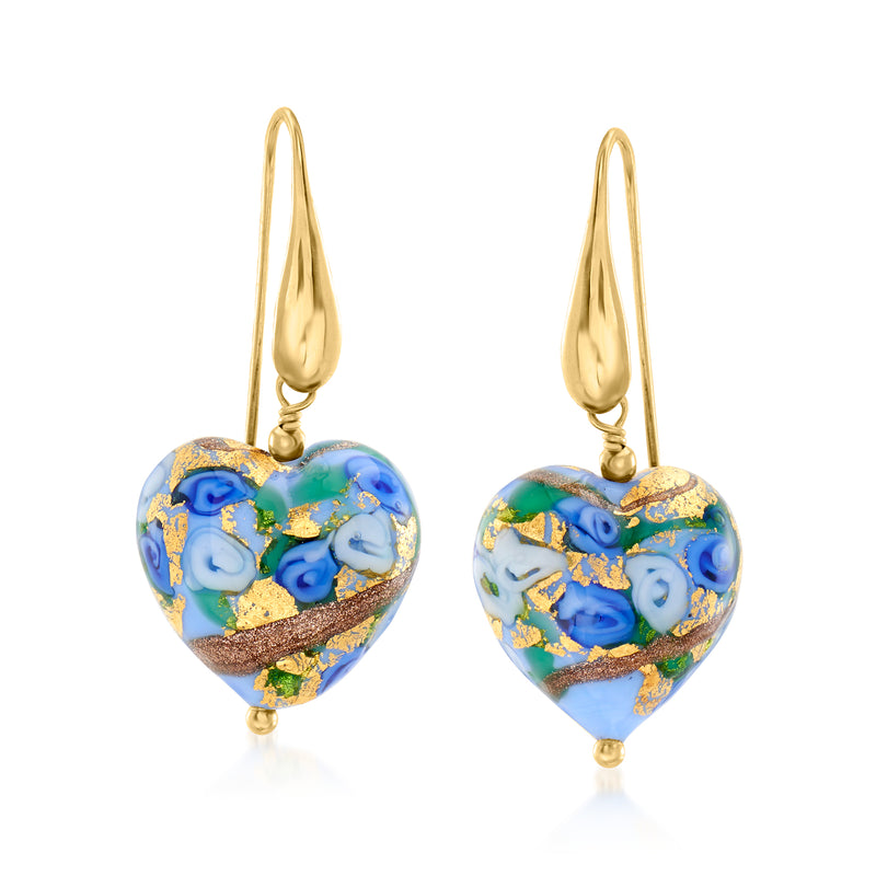 Gold-tone drop earrings with multicolored heart Murano glass beads and earwire hooks