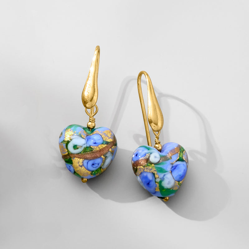Multicolored heart Murano glass drop earrings with gold-tone earwire hooks
