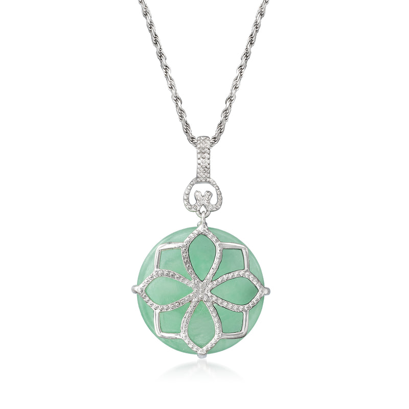 Sterling silver necklace with circular jade flower pendant, silver lattice detail