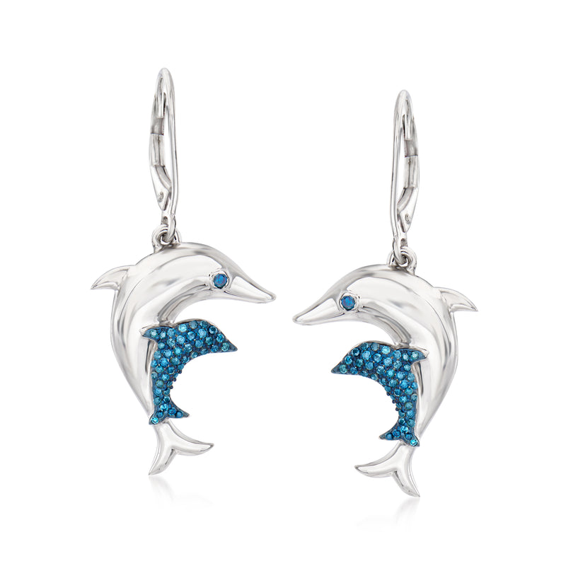 Sterling silver dolphin drop earrings with blue gemstone accents, leverback closure