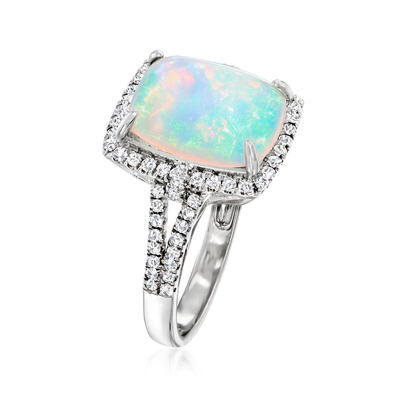 White gold opal and diamond ring with halo and split shank