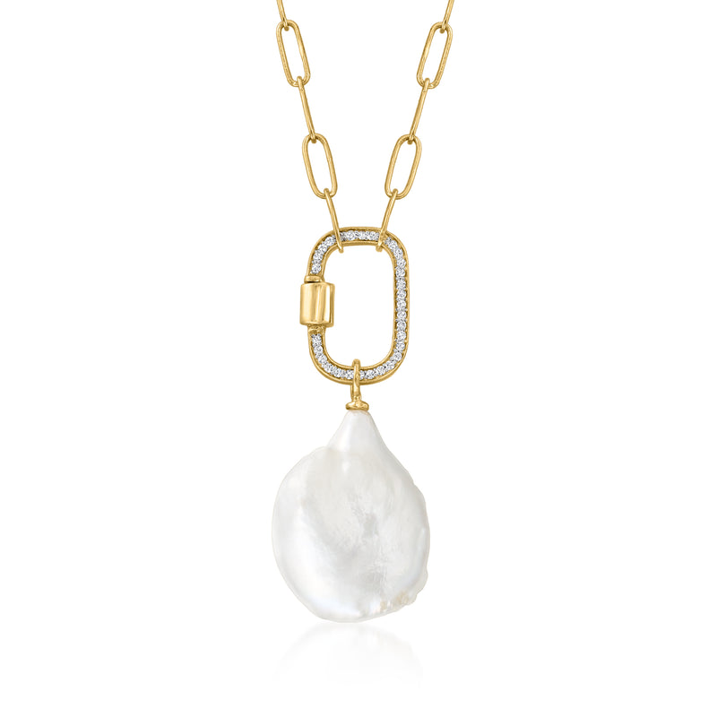 Cultured baroque pearl necklace with diamond pavé link in gold over sterling