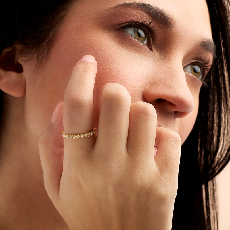 Cultured pearl band ring in 14kt yellow gold with white pearls on finger