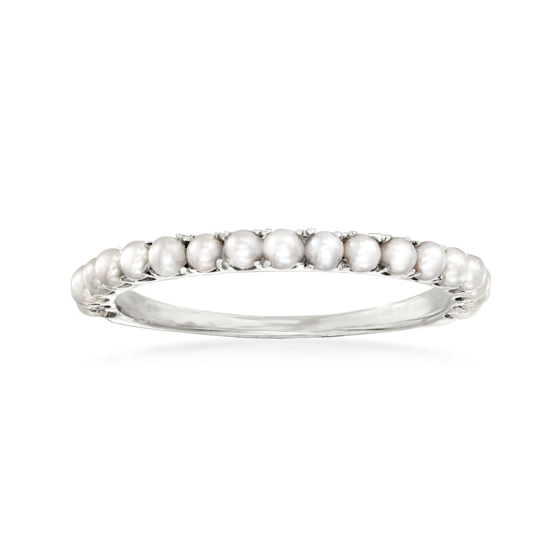 14kt white gold pearl ring with small round white cultured pearls on curved band